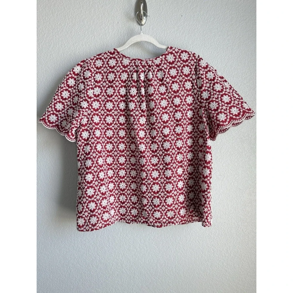LOFT Floral Eyelet Lace Red Blouse Puff Sleeve Scallop Cottagecore Coquette XL